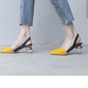 Ayercony | Mustard Yellow & Black Spherical Clear Heel Slingback Sandals 10.5